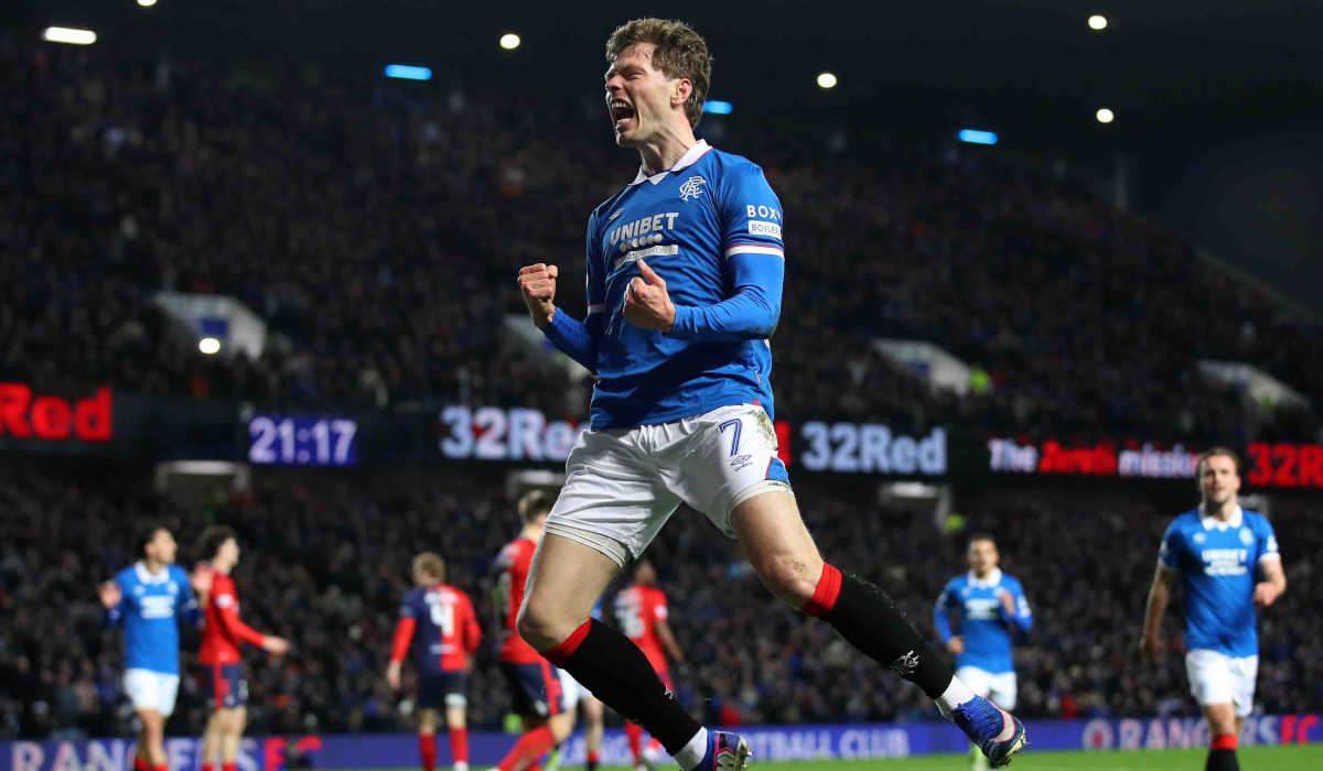 Andreas Skov Olsen clenches fists in front of his body as he celebrated scoring his first Rangers goal at Ibrox against Kilmarnock.